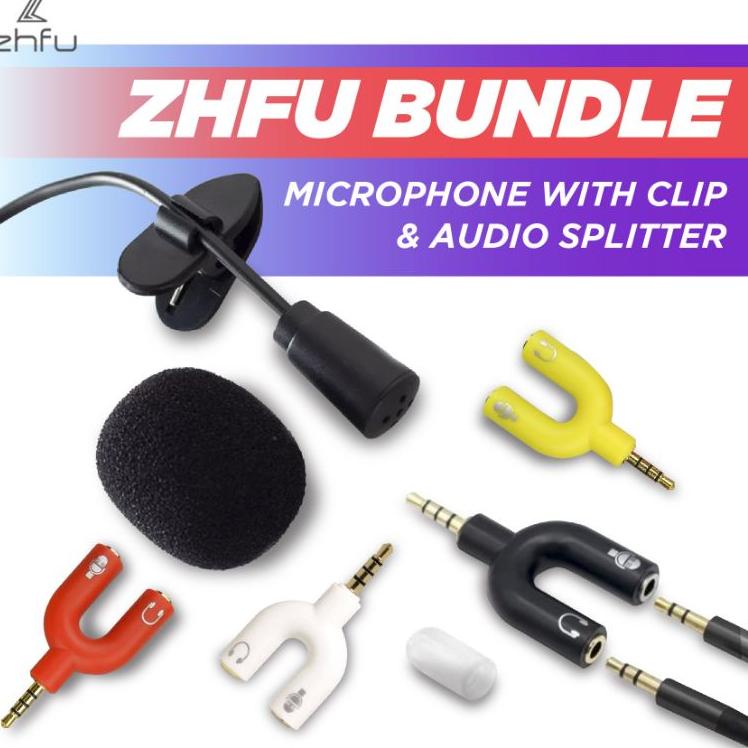 ㅃ Zhfu Bundle Microphone Clip On + Audio Splitter 3.5Mm Jack Aux Mic Youtuber ↴