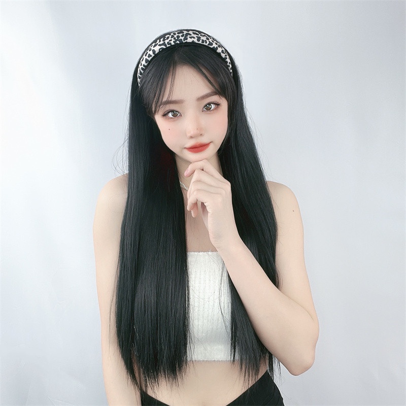 Wig Bando Cantik Wanita Motif Leopard Long Straight Natural Hair Korean Version