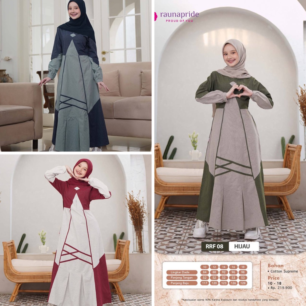 Gamis Remaja tanggung Rauna Terbaru RRF 08 Hijau/RRF 08 Maroon/RRF 08 Navy/Dress Remaja