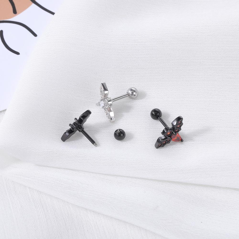1 PC Anting Stud Tindik Tulang Rawan Telinga Hidung Desain Kelelawar Devil Bahan Stainless Steel Ukuran 8 / 10mm
