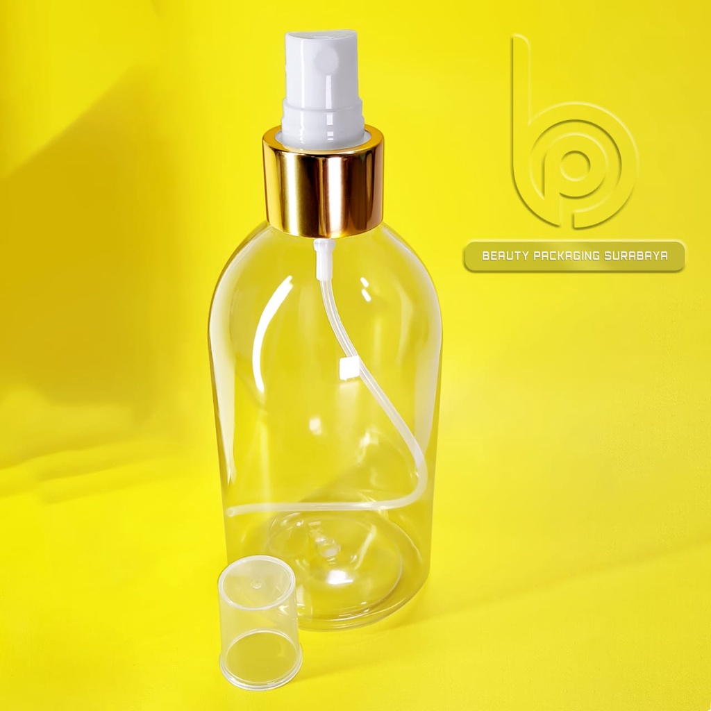 Botol plastik 250ml Oval bening tutup spray gold