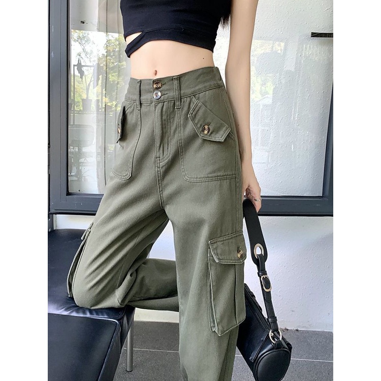Red Jeans perkakas kaki lurus gaya Amerika wanita 2022 musim gugur baru gadis panas pinggang tinggi longgar desain tugas berat celana lebar kaki
