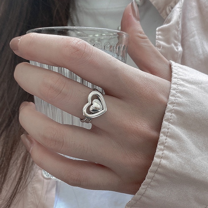 2pcs / Set Cincin Model Terbuka Desain Hati Hollow Warna Silver Untuk Wanita