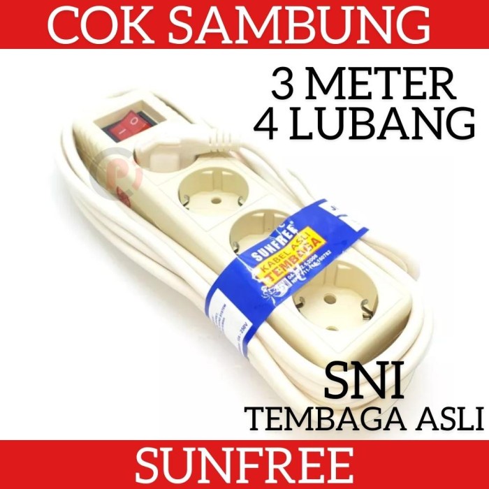 SUNFREE Cok Sambung Stop Kontak + Saklar 4 Lubang dan Kabel 3 Meter
