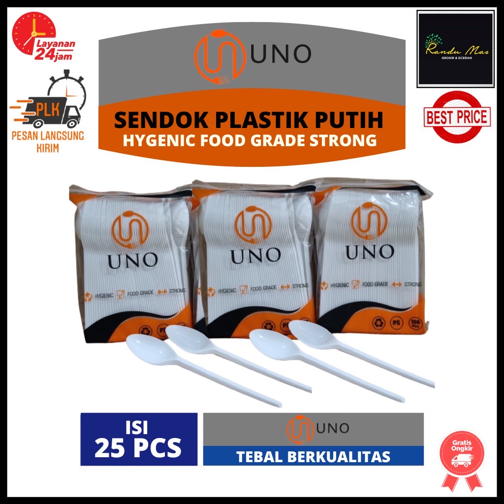 UNO Sendok Plastik Putih Susu Isi 25 Pcs Sendok Makan Catering Nasi Box Food Grade Tebal Berkualitas