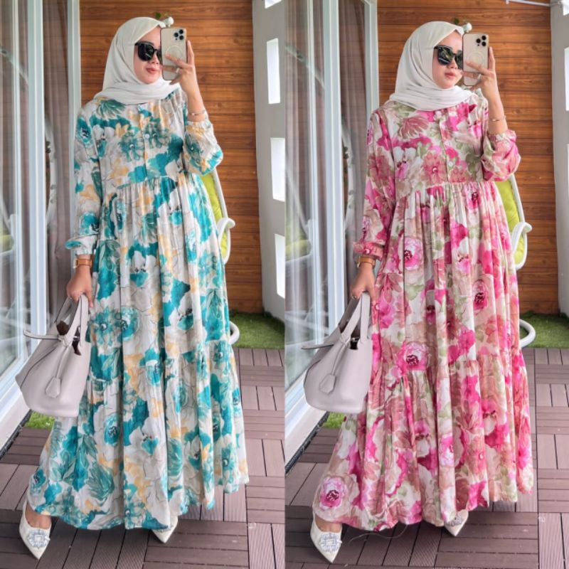 baju gamis muslim bahan katun rayon import motif bunga terbaru murah