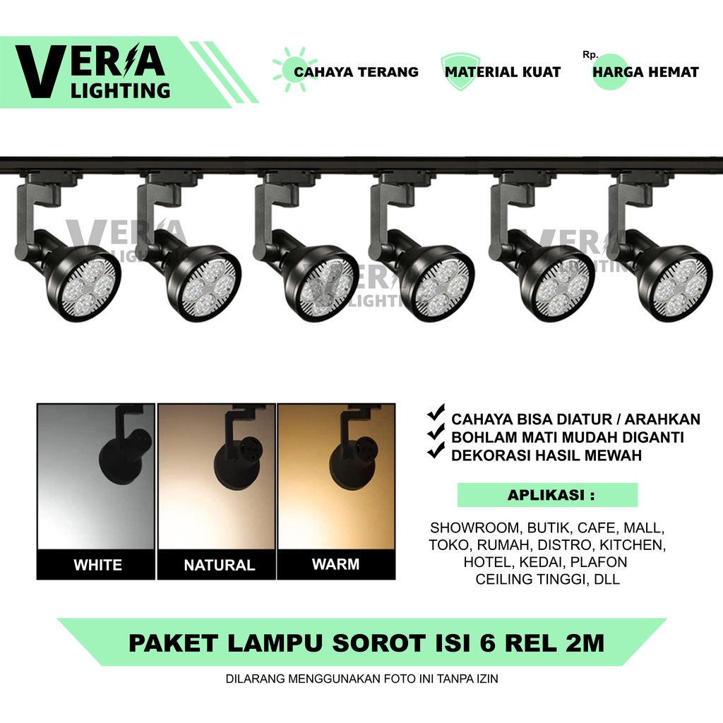 Paket lampu sorot rel 35W 1 set isi 6 Rell 2M Track Light Spotlight