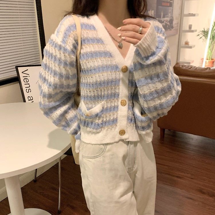 Cardigan Wanita Outer Rajut Stripe Korean Style Lengan Panjang Cardigan Kancing