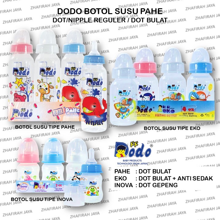 ❤ZJ❤ Botol Susu Bayi DODO Inova (Dot Gepeng) 60ml, 125ml, 250ml - Eko (Dot Bulat + Anti Sedak) 60ml, 125ml, 250ml - Pahe (Dot Bulat TANPA Anti sedak)60ml, 125ml, 250ml warna Putih, Pink, Biru