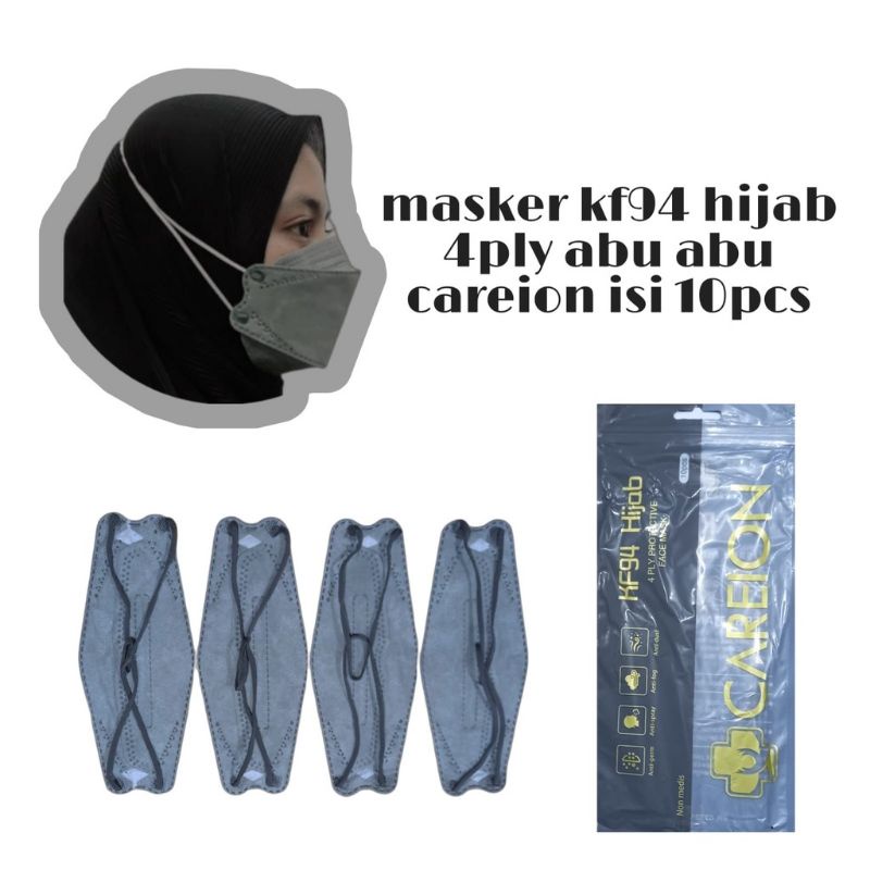 KF94 MASKER FACEMASK MOUSON / CAREION / ONCARE 4PLY ISI 10 PCS WARNA HITAM - PUTIH-HIJAB ABU / KF94