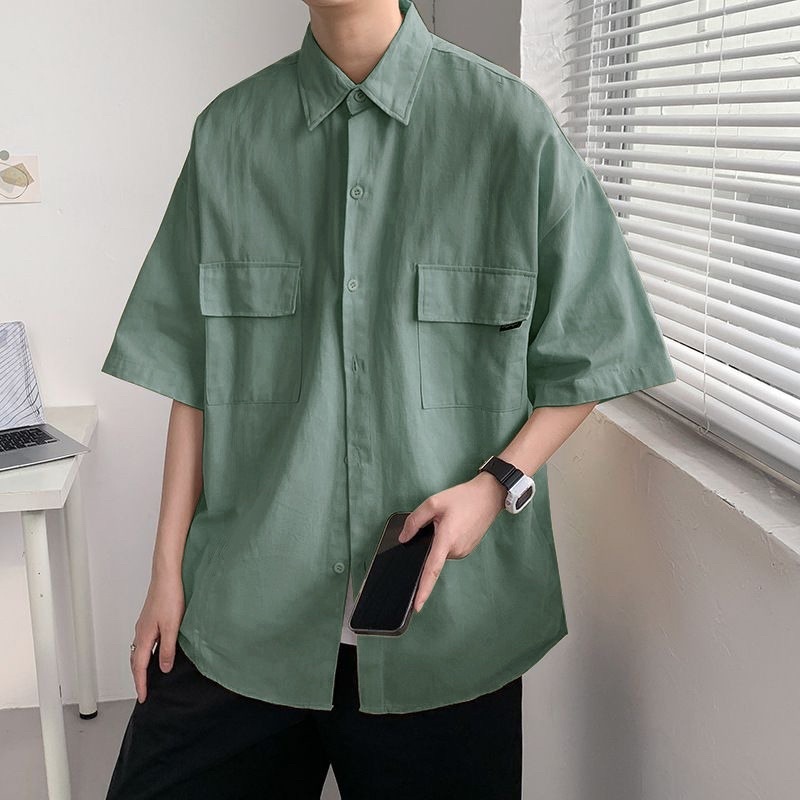 KEMEJA OVERSIZE PRIA KOREA STYLE HEM COWOK LENGAN PENDEK PREMIUM PD-08