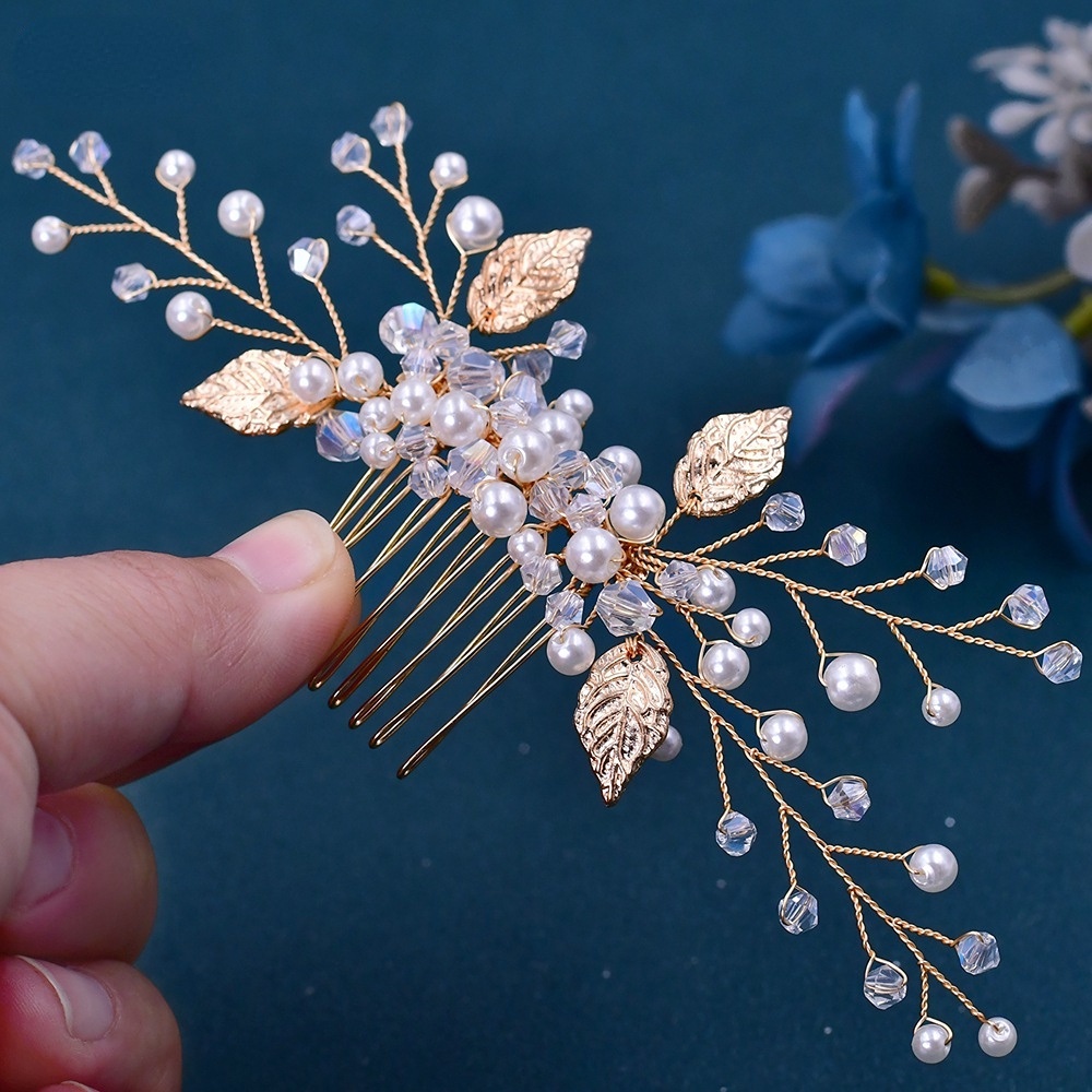 Sirkam Rambut Bahan Alloy Warna Gold Desain Daun Hias Kristalmutiara Cantik Untuk Pengantin Wanita