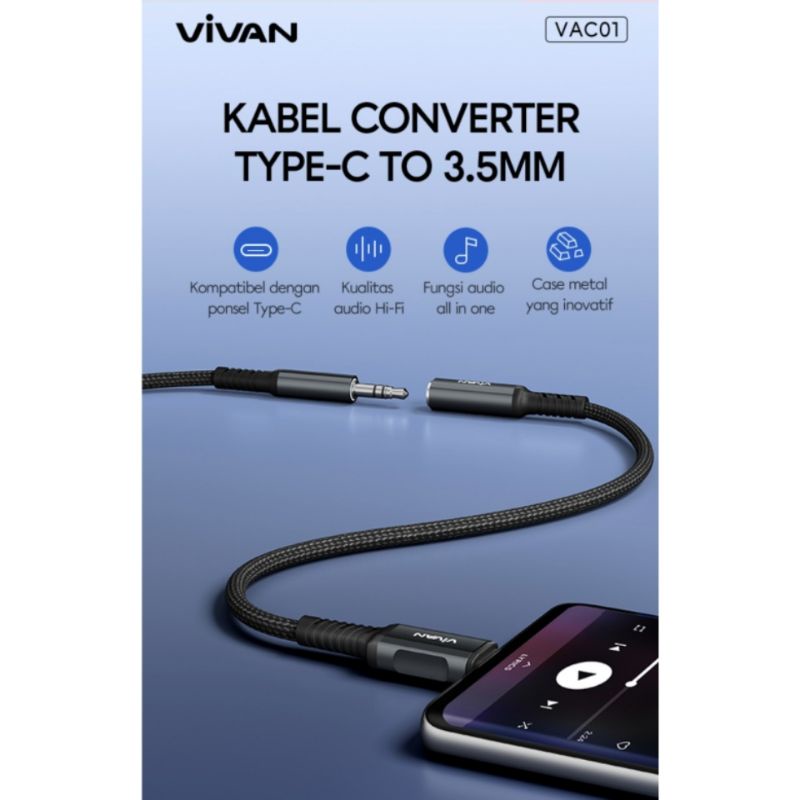 Vivan VAC01 Kabel Converter Type-C to 3.5mm Kualitas Audio Hi-Fi