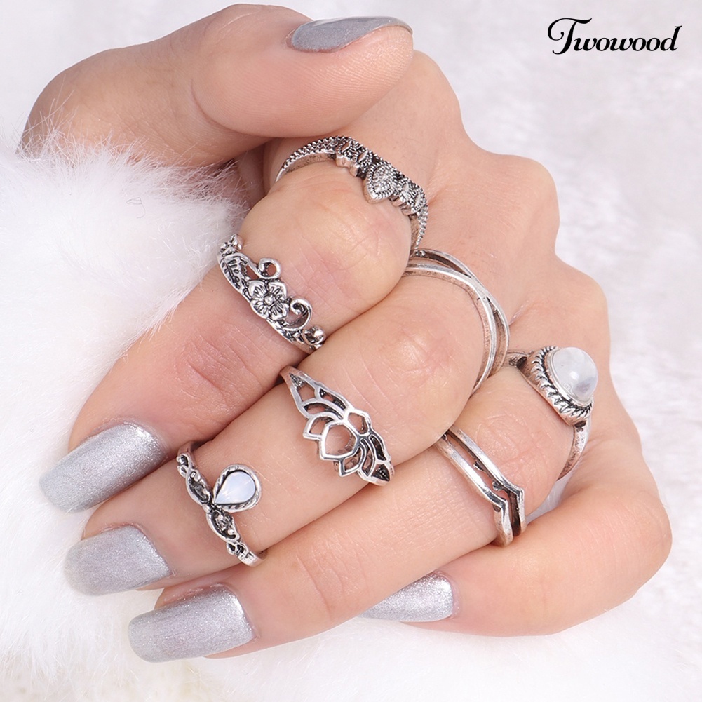 7 Pcs Cincin Knuckle Midi Desain Ukiran Bunga Teratai Tetesan Air Rongga Gaya Vintage Untuk Wanita