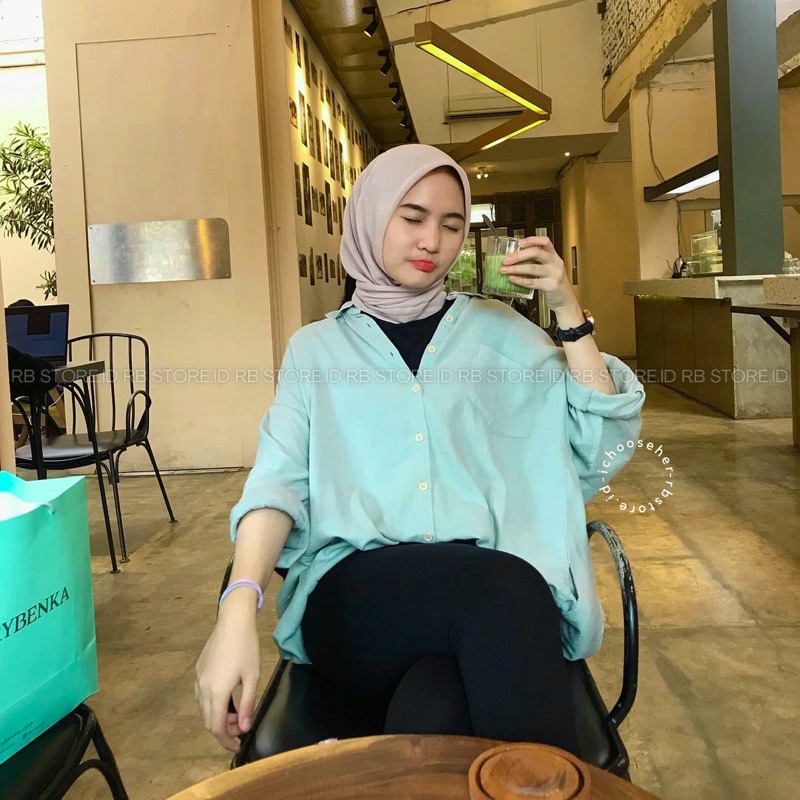 Kemeja Wanita Linen Oversize Olivia Shirt Linen Pocket-OLIVIA SEA MINT