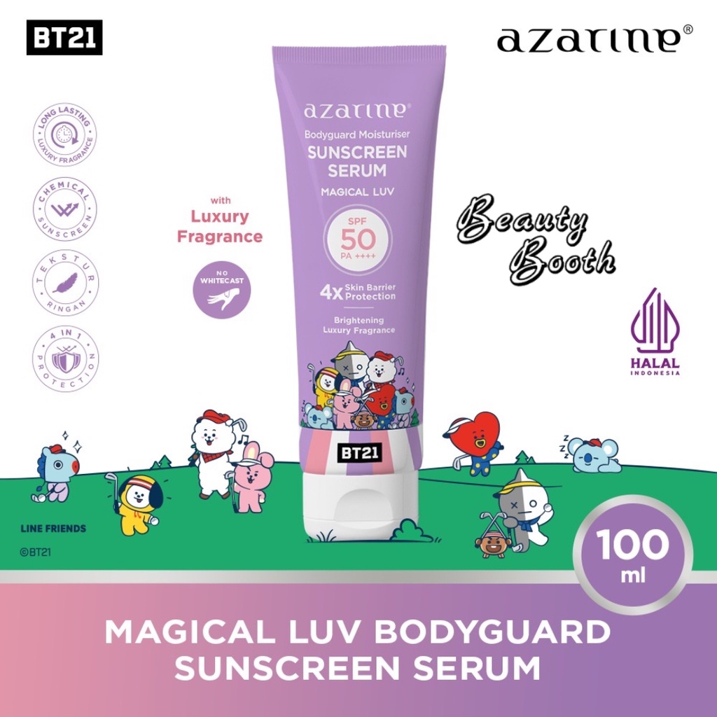 AZARINE Body Guard Moisturizer Sunscreen Serum SPF 50PA ++++ 100ml | Sunscreen BT21 Young &amp; Free | O Clock | Sweet Treats | Magical LuvBaby |