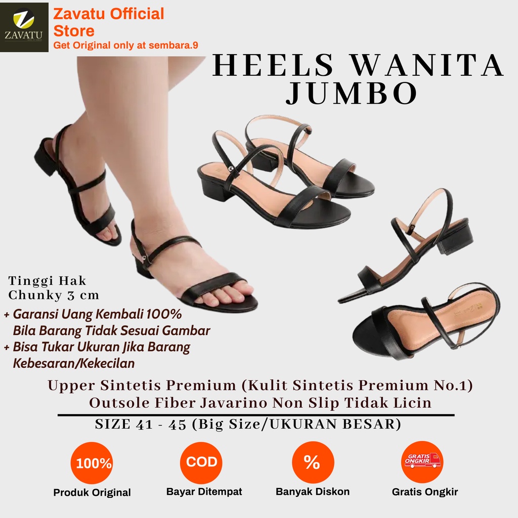 Zavatu Sandal Kulit Heels Big Size Jumbo Wanita Model Hak Tahu Chunky Tipe ZVT 160 Hitam Ukuran Size
