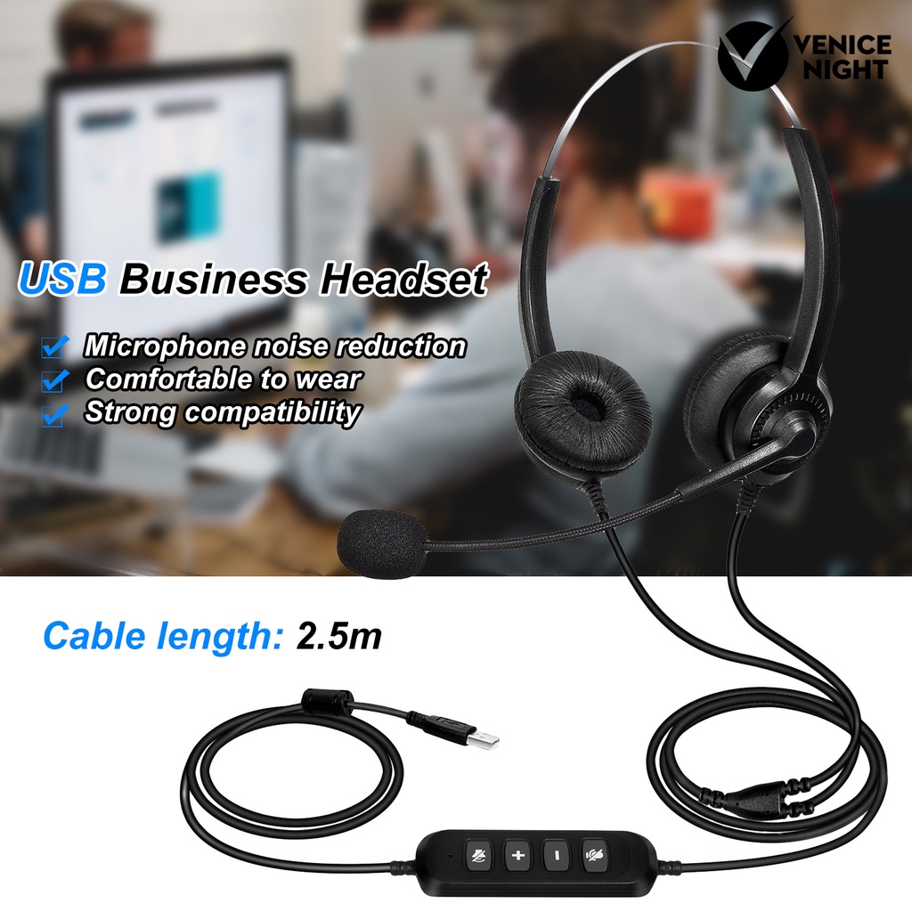 (VNEP) (Berkabel) 300D Telepon Headset Pengurangan Kebisingan Lossless Bernapas USB Binaural MIC Panjang Kabel Call Center Headphone untuk Pengemudi Truk Kantor