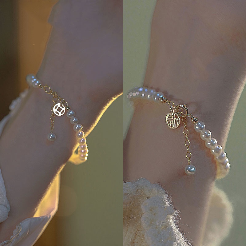 Gelang Manik-Manik Mutiara Keberuntungan Model Hollow out Fu Gaya Retro Adjustable Untuk Wanita