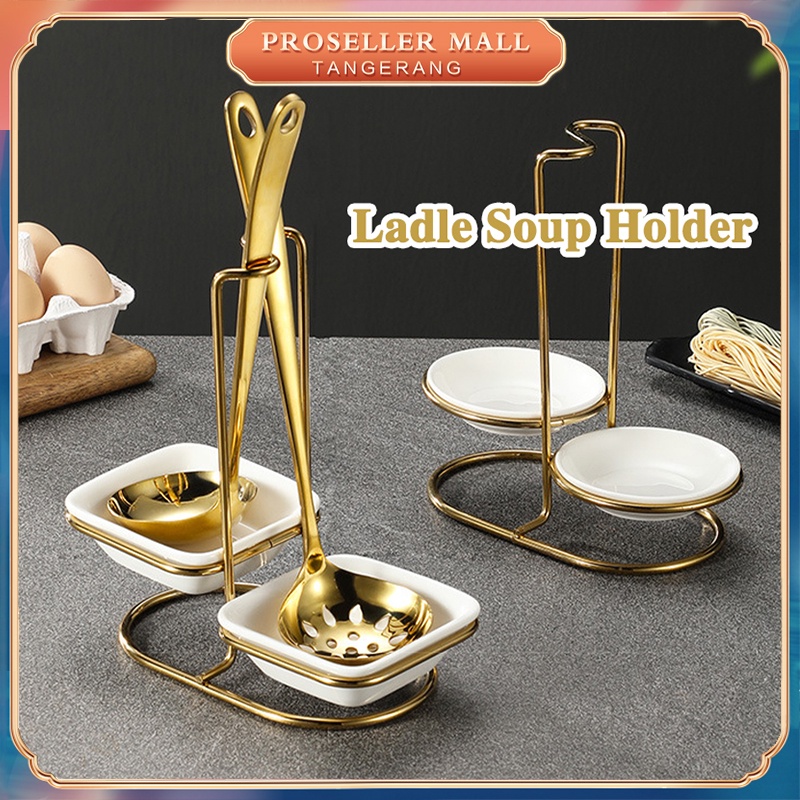 Ladle Soup Holder / Ladle Stand Spoon Holder Sendok Sup Berdiri Stainless Emas dengan Mangkuk Keramik