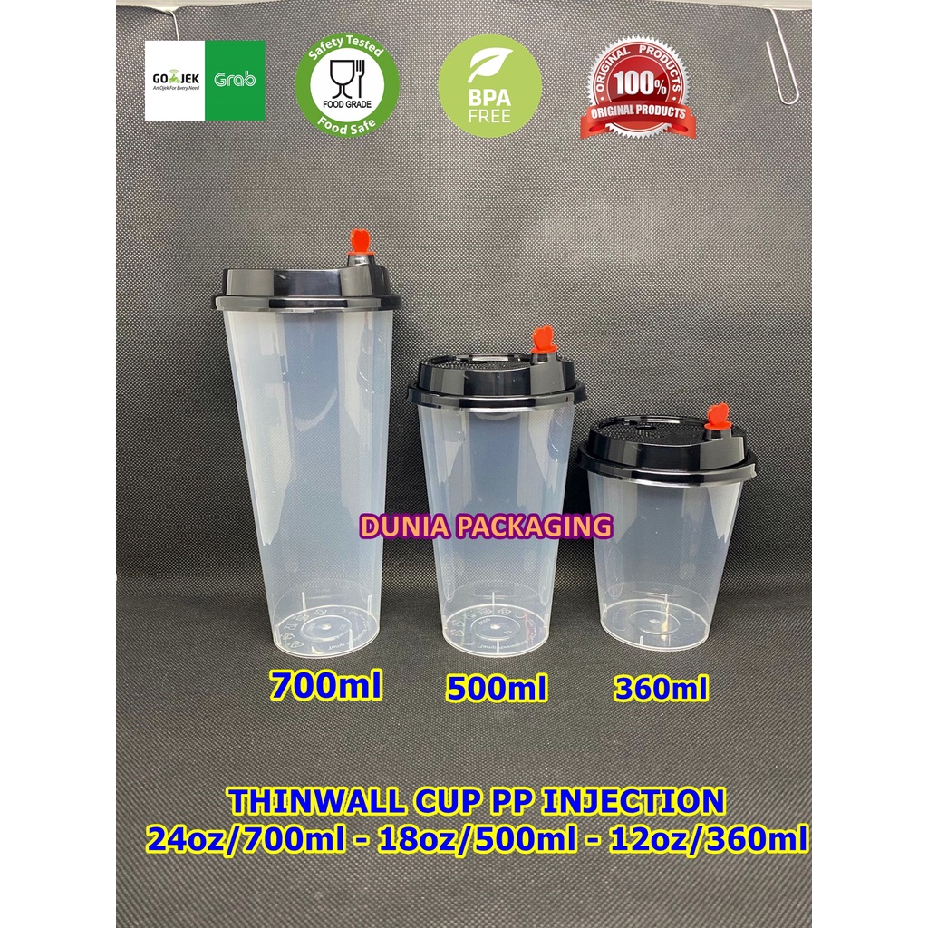 Gelas plastik 12OZ 18Oz 24OZ + Tutup PP Cup Injection Reusable 360ML 500ML 700ML / Thinwall Tebal Bu