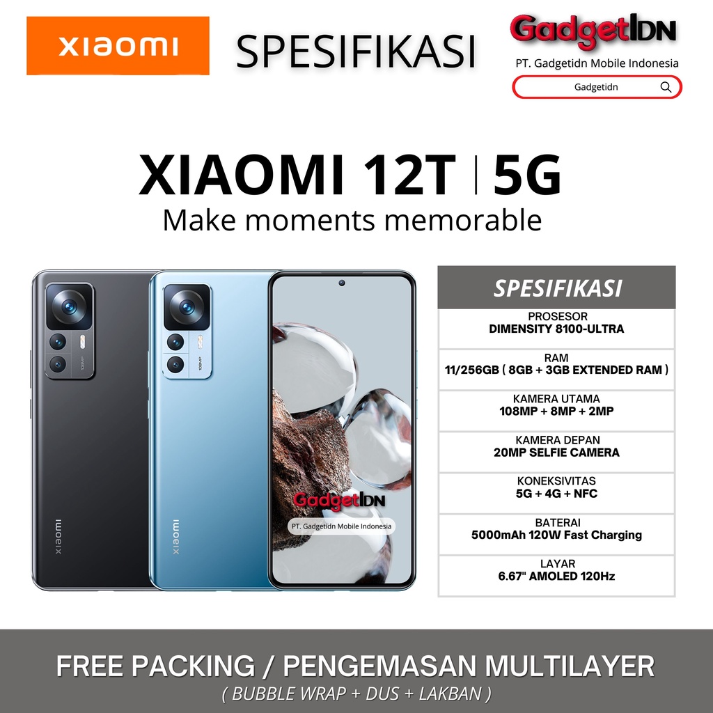 XIAOMI 12T 5G 11/256GB ( 8GB + 3GB EXTENDED RAM ) GARANSI RESMI XIAOMI