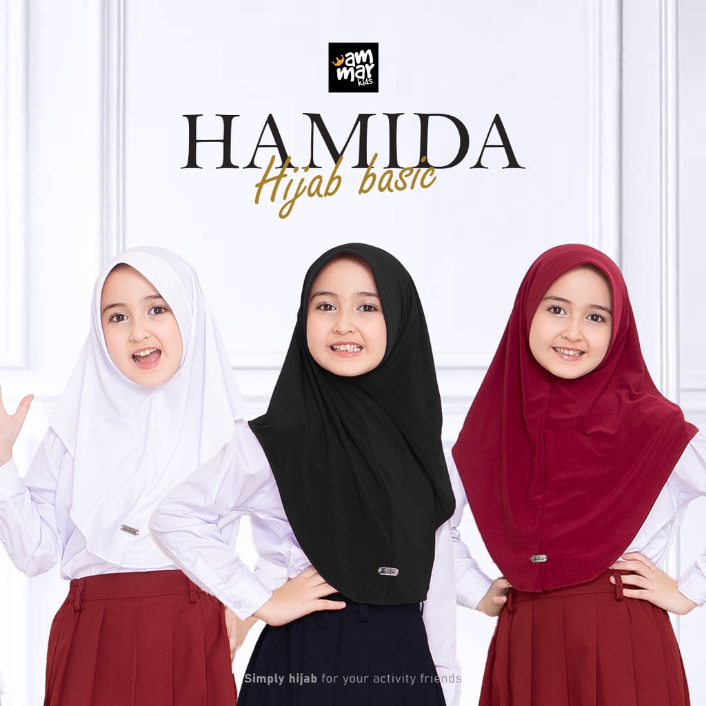 Hamida Hijab Basic Kerudung Jilbab Anak Sekolah Instan Brand Ammar Kids Untuk  TK SD SMP Warna Putih Merah Hitam Bahan Jersey Premium