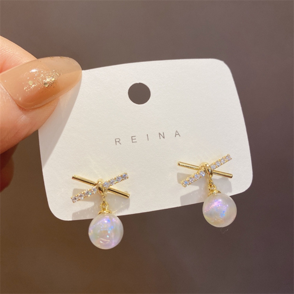 Anting Stud Desain Salib Aksen Mutiara Gaya Korea