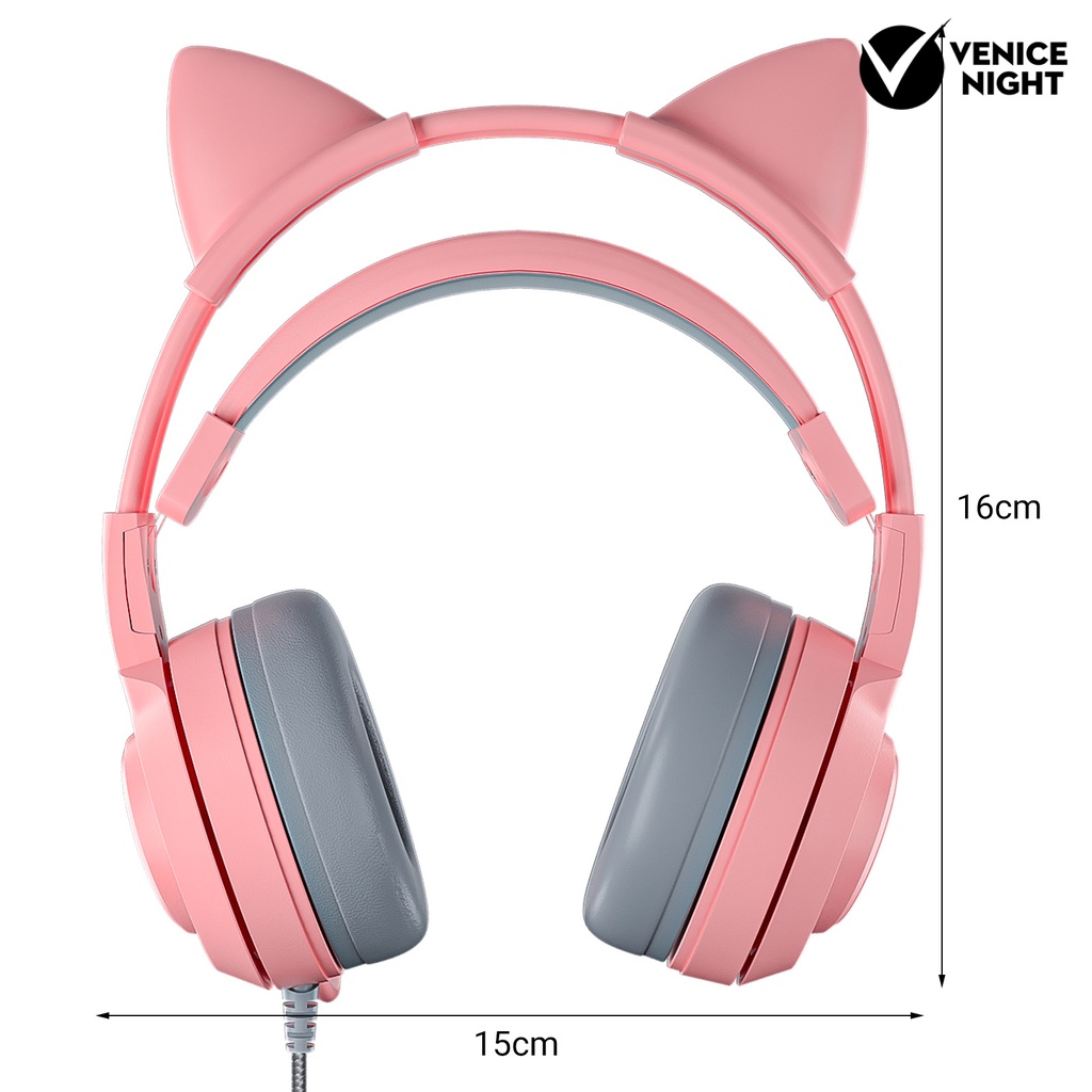 (VNEP) (Berkabel) SY-G25 Headphone Pencahayaan RGB Omni-directional Mic Over-Ear Komputer Headphone dengan Cute Cat Ear untuk E-sport