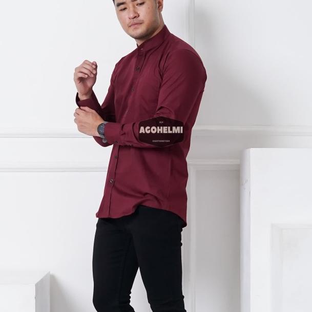 Kemeja Lengan Panjang Pria Merah Maroon Kerah Shanghai Polos Slimfit - Maroon, L