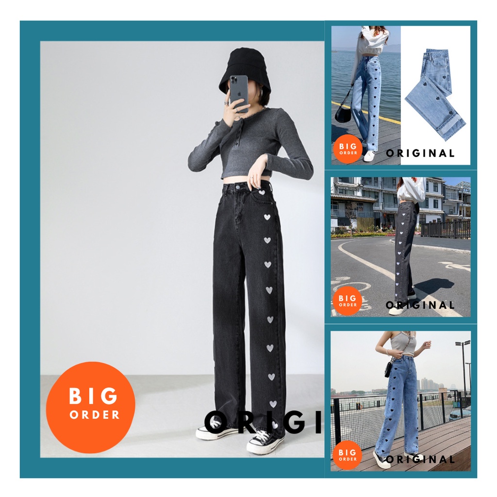 Celana Panjang HW Kulot Jeans Love Boyfriend Jeans Korea Jeans Impor CP02 - BOS