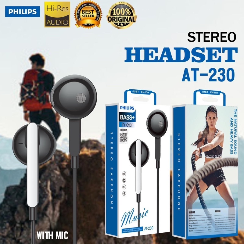 Handsfree Philips AT-230 Stereo Headset SuperBass AT230 Promo Sen