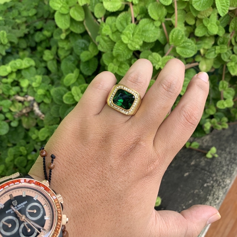 Cincin Batu Zamrud Green Emerald Cubic Zirconia Mewah Ring Gold Titanium Anti Luntur Tahan Karat