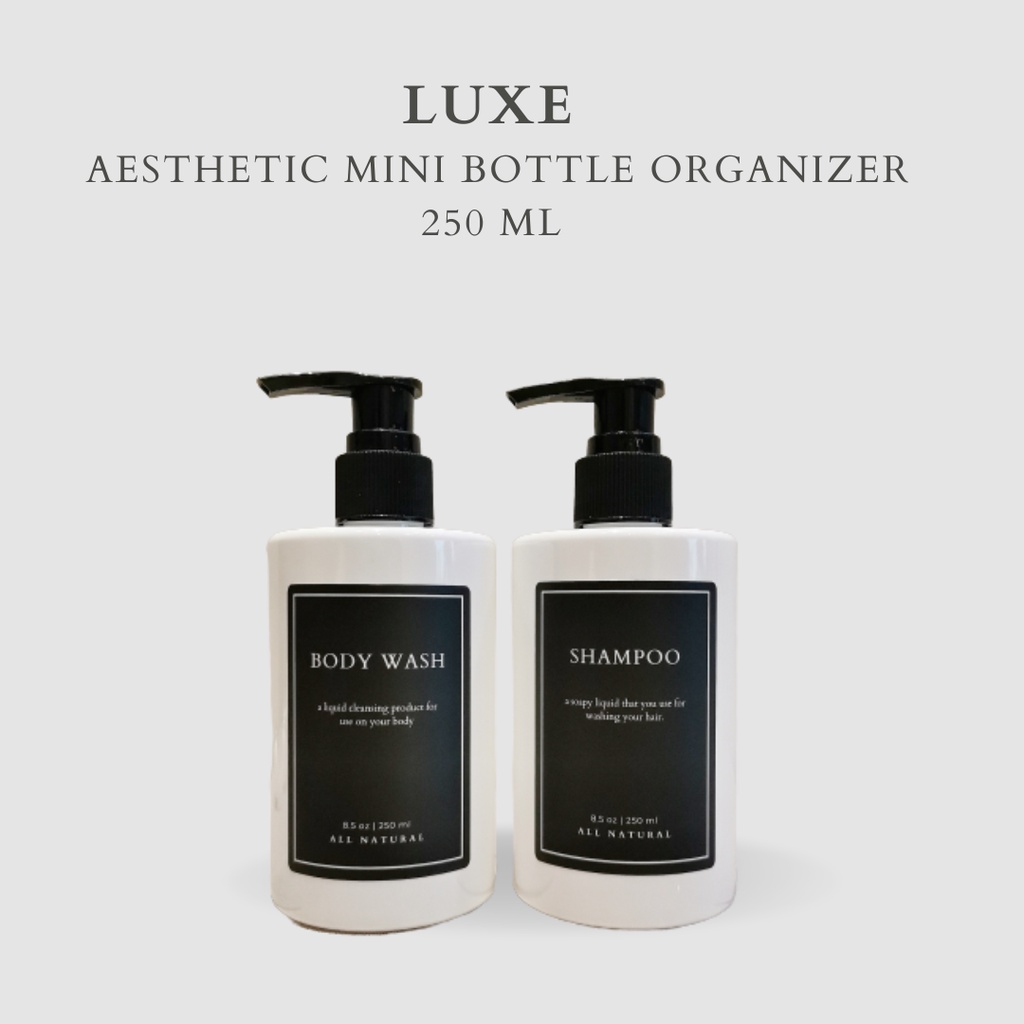 LUXE Botol MINI PUTIH Label KOTAK HITAM 250 ml Aesthetic Bottle Refill | Botol refill sabun /botol refill sabun/ botol isi ulang/botol sabun refill/botol sabun/botol pump/botol anak/bathroom organizer/bathroom amenities