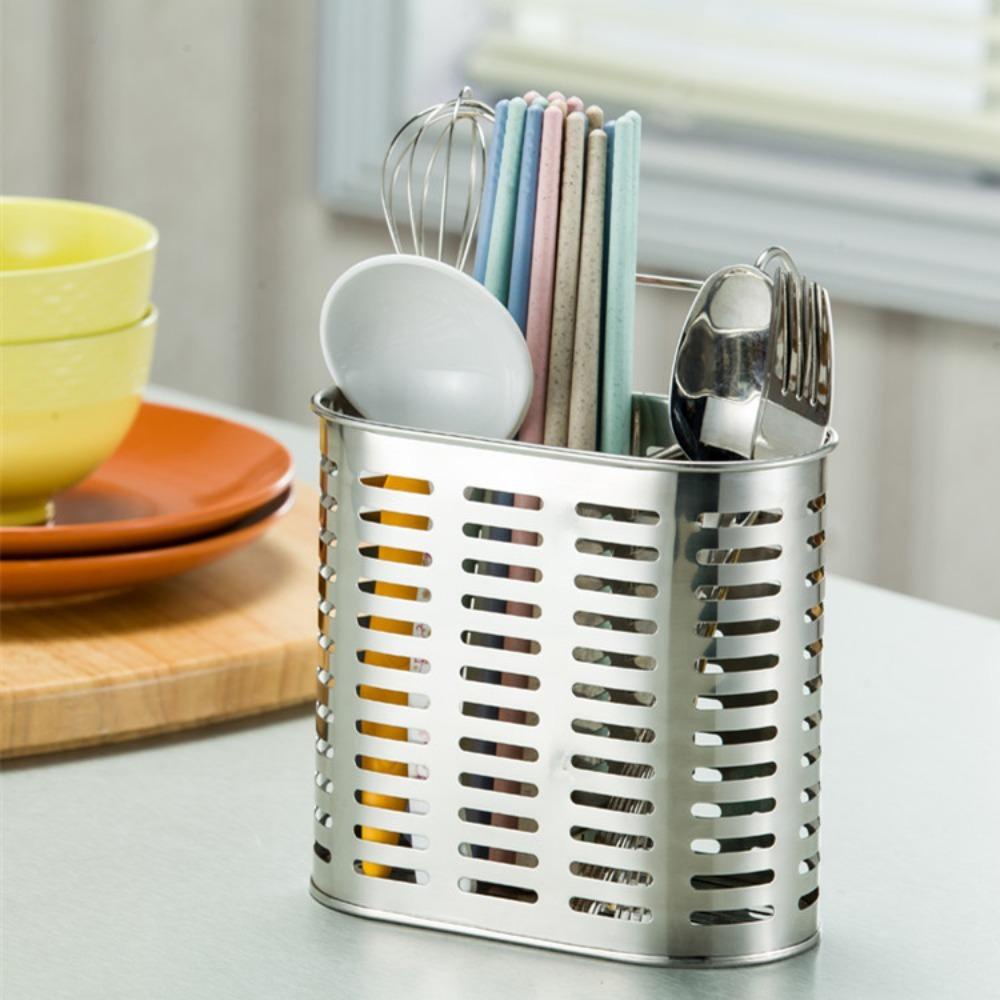 R-FLOWER Stainless Steel Chopstick Holder Punch Free Kotak Penyimpanan Alat Dapur Sendok Garpu Pengering Drainer Rak