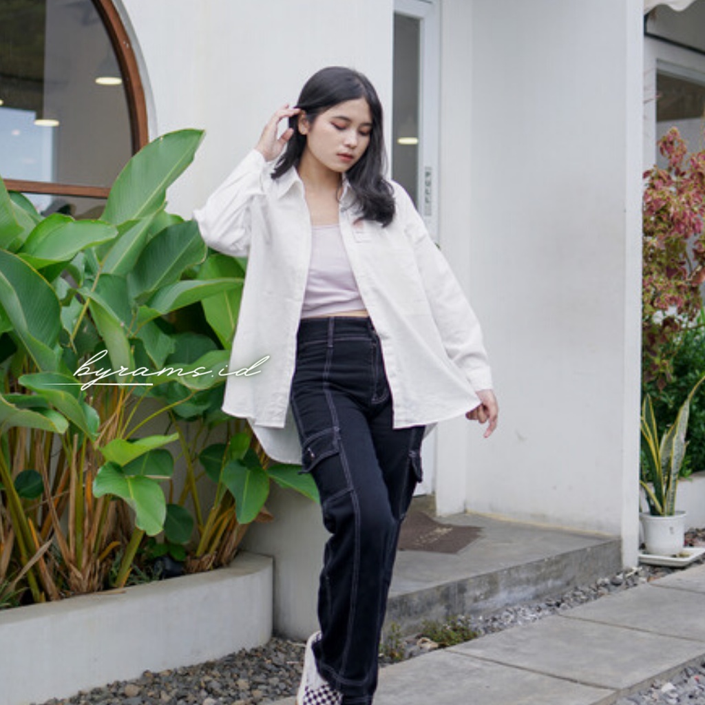 Kemeja Wanita Oversize Linen Olivia Shirt Linen Pocket Oversize-BROKEN WHITE