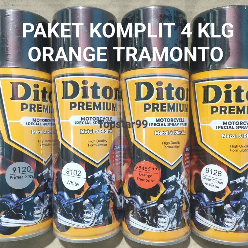 Pilok Cat Diton Premium Paket Komplit 4 Kaleng Orange Tramonto Oren 9485 Primer Grey 9120 White 9102 Clear Gloss 9128 400cc Pilox Paketan Cat Semprot Special Spray Paint