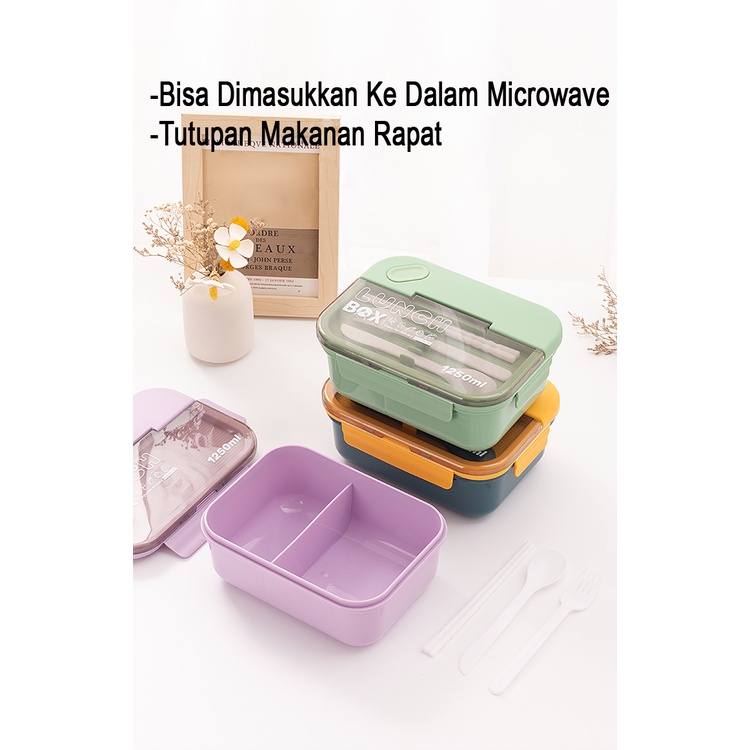 Kotak Makan Anti Tumpah 1250ml Tempat Bekal 2 Sekat BPA Free Dengan Alat Makan Set