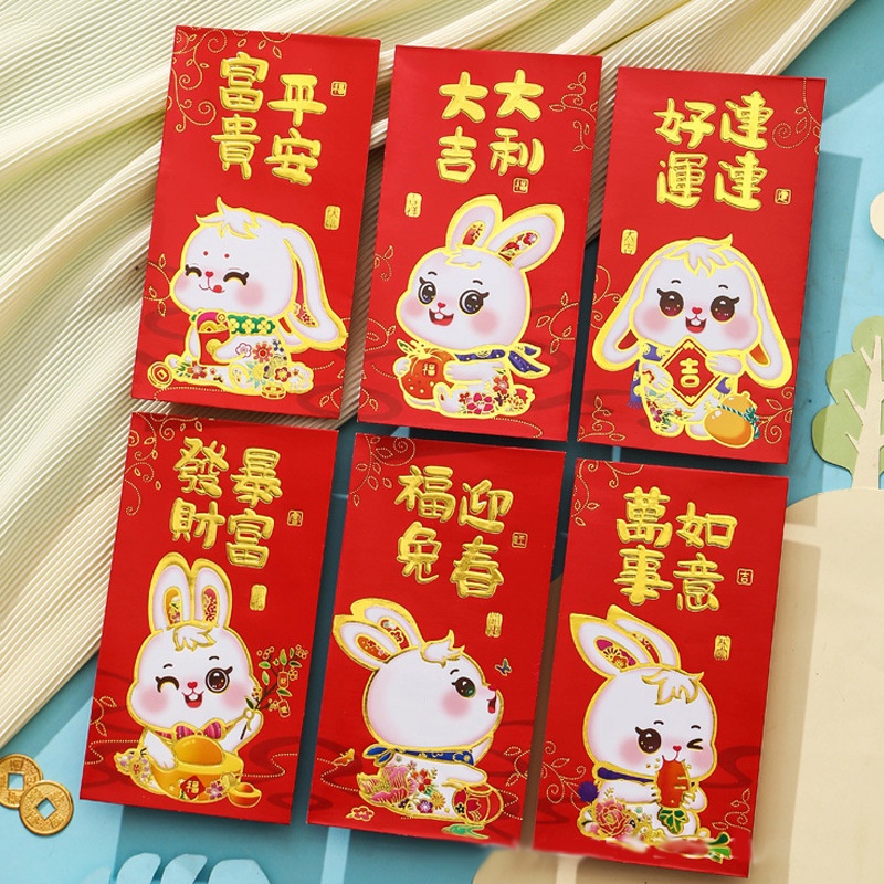 6pcs Amplop Angpao Tahun Baru Cina / Imlek Desain Kartun Kelinci Warna Merah Tipe 3 / 2023