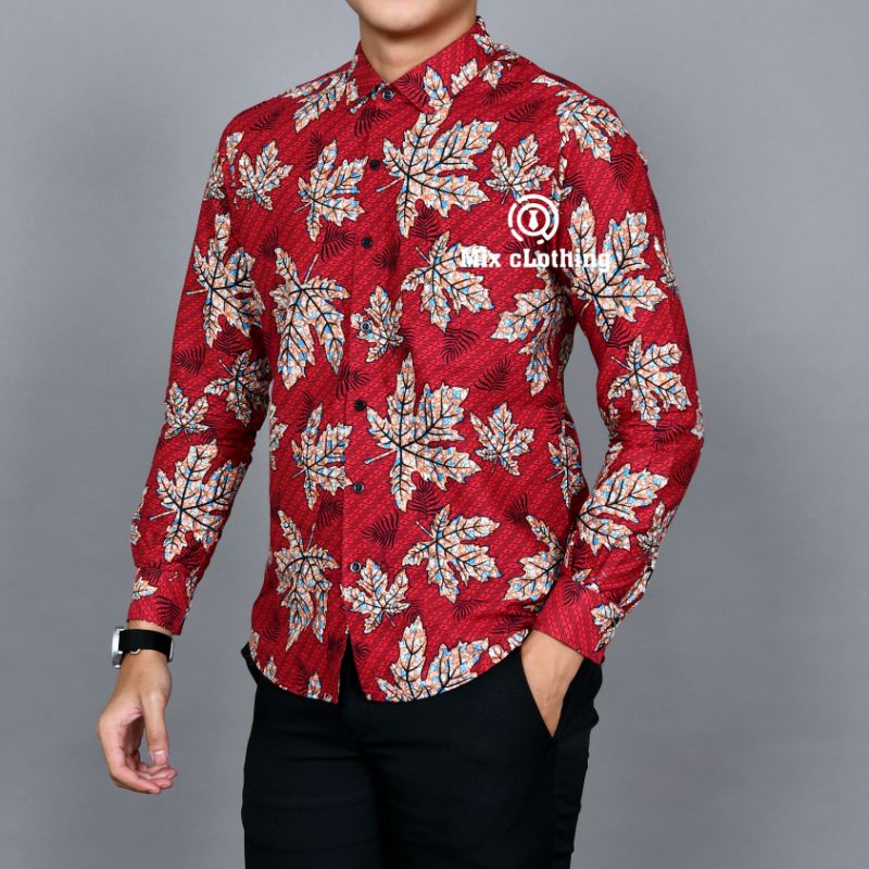 Baju Batik Pria Slimfit Kemeja Batik Pria Lengan Panjang Luigi Hem Baju kerja Distro Merah