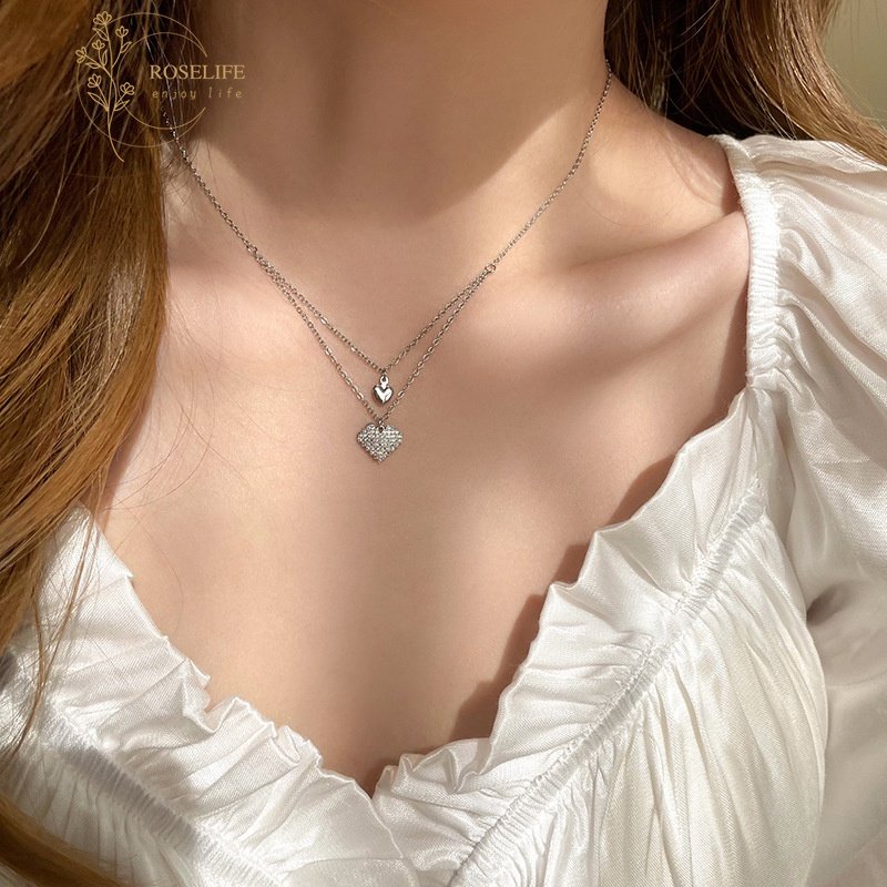 Roselife Kalung Rantai Silver Rumbai Liontin Hati Hias Kristal Zircon Gaya Korea Untuk Wanita