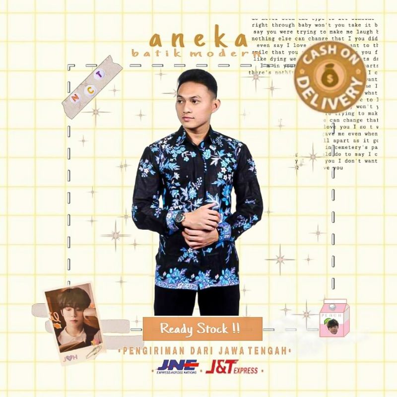 Atasan batik pria cowok lengan panjang warna hitam motif bunga biru muda big size jumbo xxl ld 120