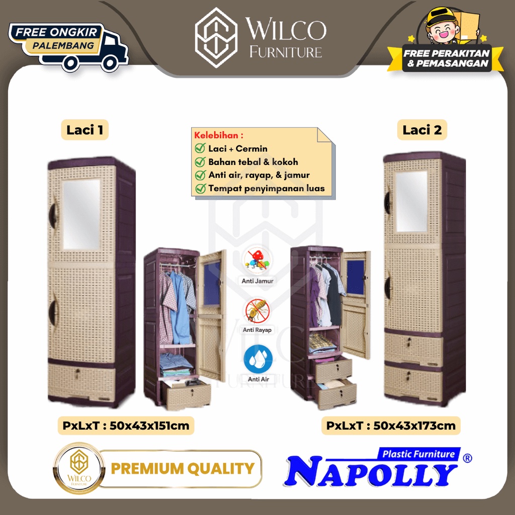 Lemari Pakaian 1 Pintu Laci Napolly / Lemari Baju Cermin Laci Plastik - 1 Laci
