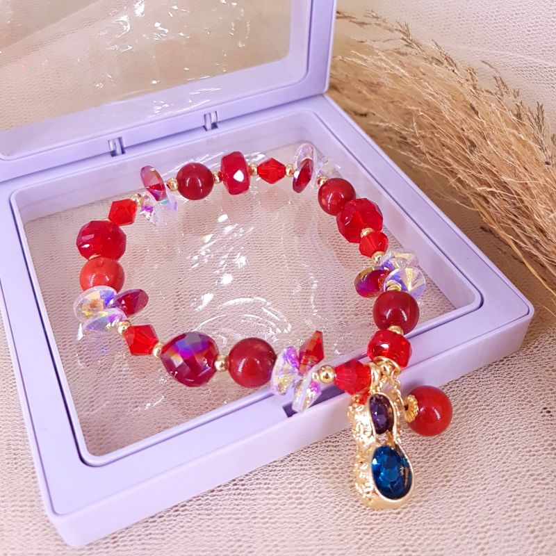 Gelang swarovski gelang batu kristal manik-manik Warna Merah, Pink, FREE BOX
