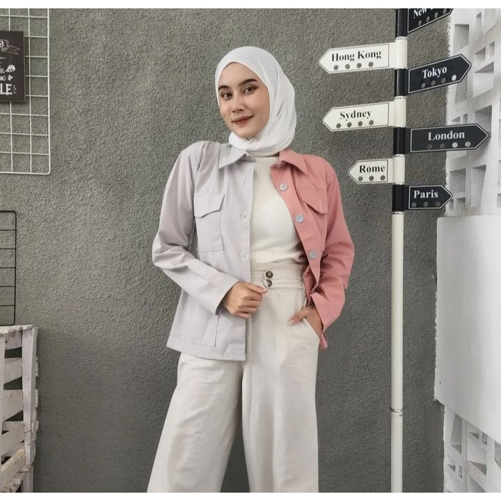 DUSTY MISTY Jacket Outer Kemeja Pocket Wanita Oversize Atasan Kekinian Mix Warna Kasual Style Kekinian