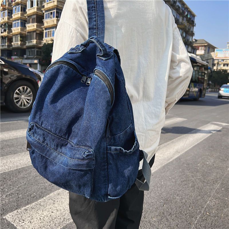 Sera Vintage Dicuci Ransel Denim Retro Tas Sekolah Kapasitas Besar Wanita SMA Mahasiswa Korea Tas Travel Pasang