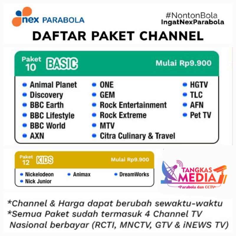 Paket BASIC dan KIDS aktifkan RCTI GlobalTV MNCTV Inews (MNC Gorup) NEX PARABOLA