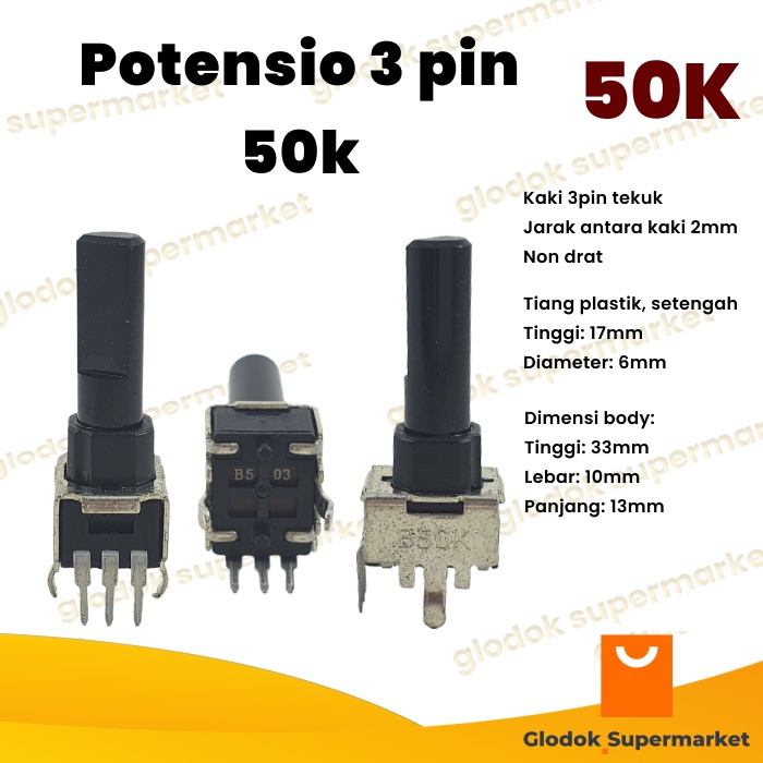 Potensio 3 pin 50k Mono Kaki 3 Tekuk Segi Hitam 503