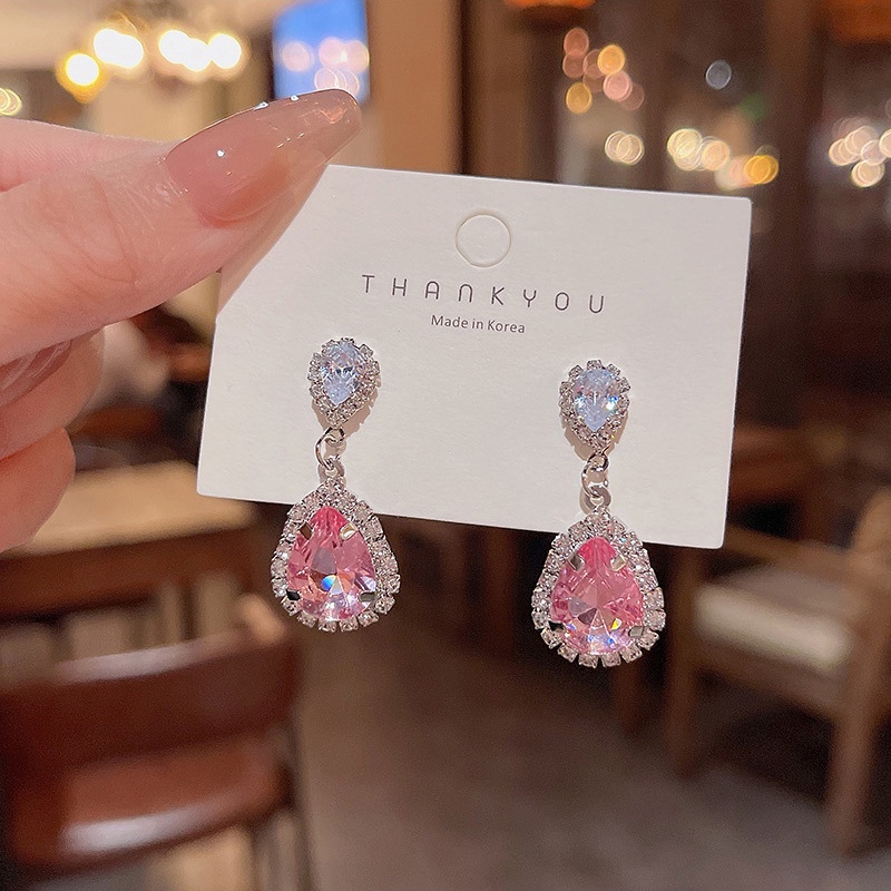 Anting Tusuk Sterling silver 925 Desain Tetesan Air Hias Kristal Zircon Pink Mewah Untuk Wanita