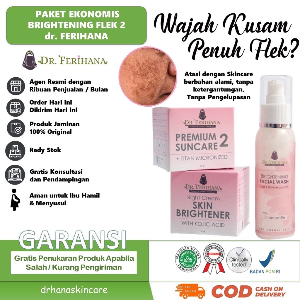 Paket Ekonomis Brightening &amp; Flek 2 dr. Ferihana Cosmetics &amp; Skincare Paket Untuk Kulit Wajah Normal Kering Kombinasi Yang Mampu Mencerahkan Dan Memudarkan Flek